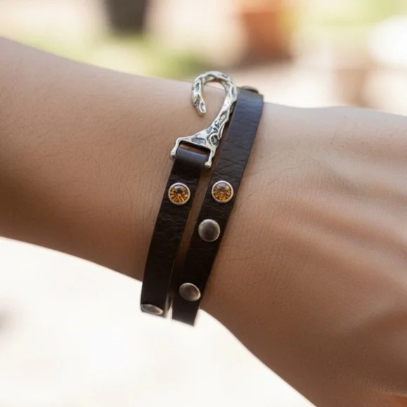 Brown Leather Wrap Bracelet with Gold Accents - Picture 2 of 2